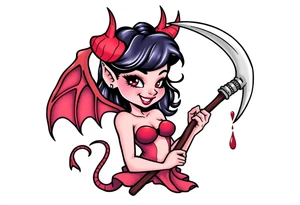 Pinup demon girl smiling while holding a bloody scythe tattoo idea