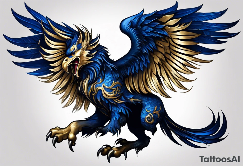 Dark blue, almost black matallic griffin with golden and silver accents. tattoo idea