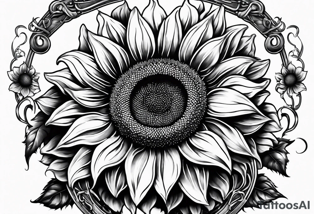 Realistic Horseshoe around a sunflower tattoo idea