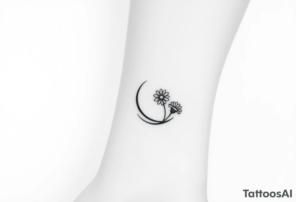 Small black and white tattoo waxing crescent moon with small Daisy birth flower and tiny leo gliph tattoo idea