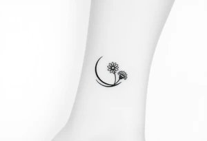 Small black and white tattoo waxing crescent moon with small Daisy birth flower and tiny leo gliph tattoo idea