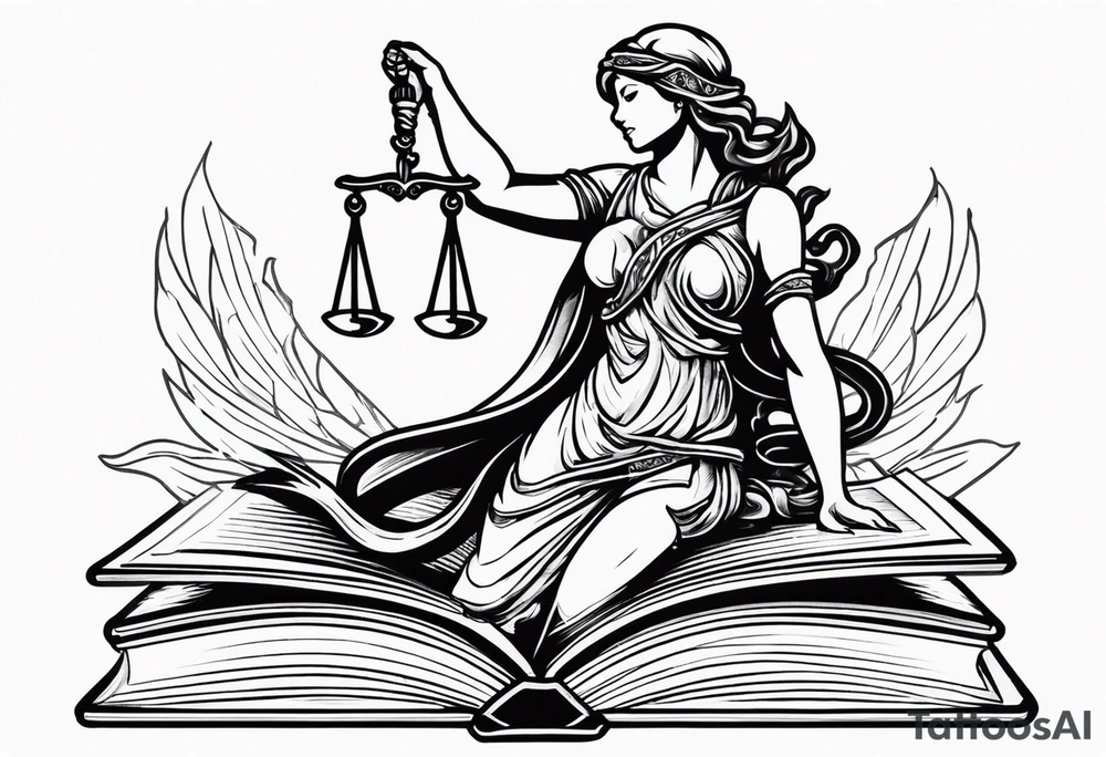 Back and gray blindfolded lady justice with a sword in her right hand and scales in her left hand standing on a book and a snake tattoo idea