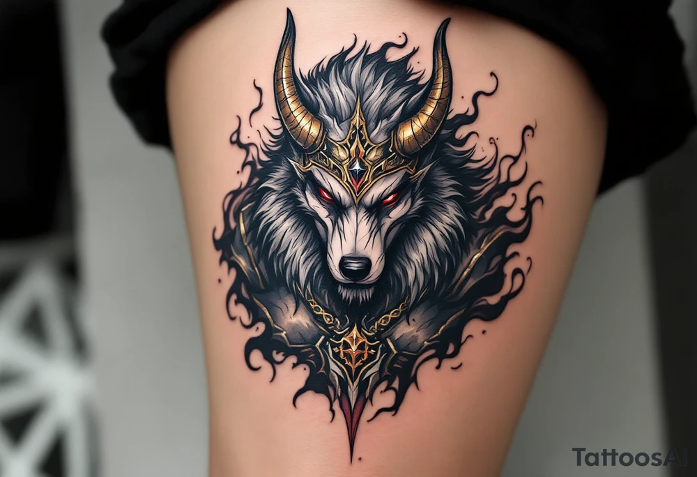 Radegast – A fierce full body warrior god with a wolf head, wearing a golden horned helmet, his armor shimmering in silver-gray, with blood-red eyes and smoke behind. tattoo idea