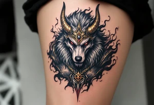 Radegast – A fierce full body warrior god with a wolf head, wearing a golden horned helmet, his armor shimmering in silver-gray, with blood-red eyes and smoke behind. tattoo idea