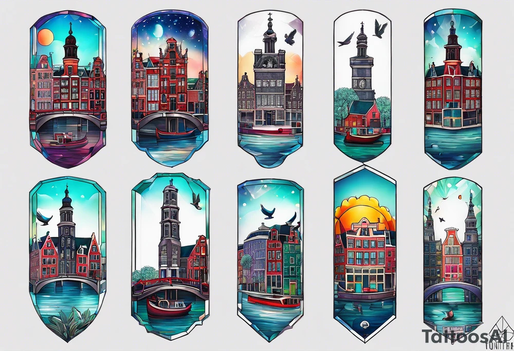 Tattoo of animals made from glass in Amsterdam featuring Amsterdam buildings and canal in galaxy colours featuring pineapples and birds tattoo idea