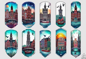 Tattoo of animals made from glass in Amsterdam featuring Amsterdam buildings and canal in galaxy colours featuring pineapples and birds tattoo idea