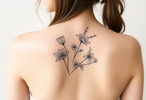 botanical tattoo with flowers such as tulips and lilies and cherry blossoms on the upper arm tattoo idea