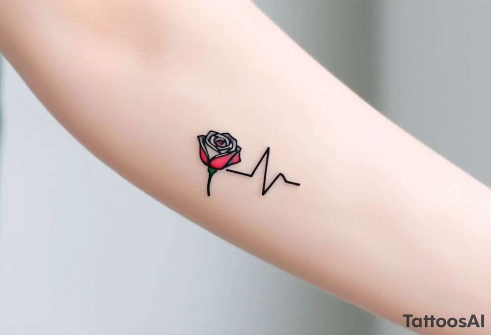 A continuous heartbeat line shaped like a rose, with the petals shaded in rich red and the stem in dark green. tattoo idea