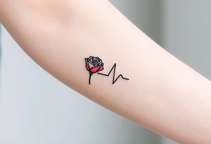 A continuous heartbeat line shaped like a rose, with the petals shaded in rich red and the stem in dark green. tattoo idea