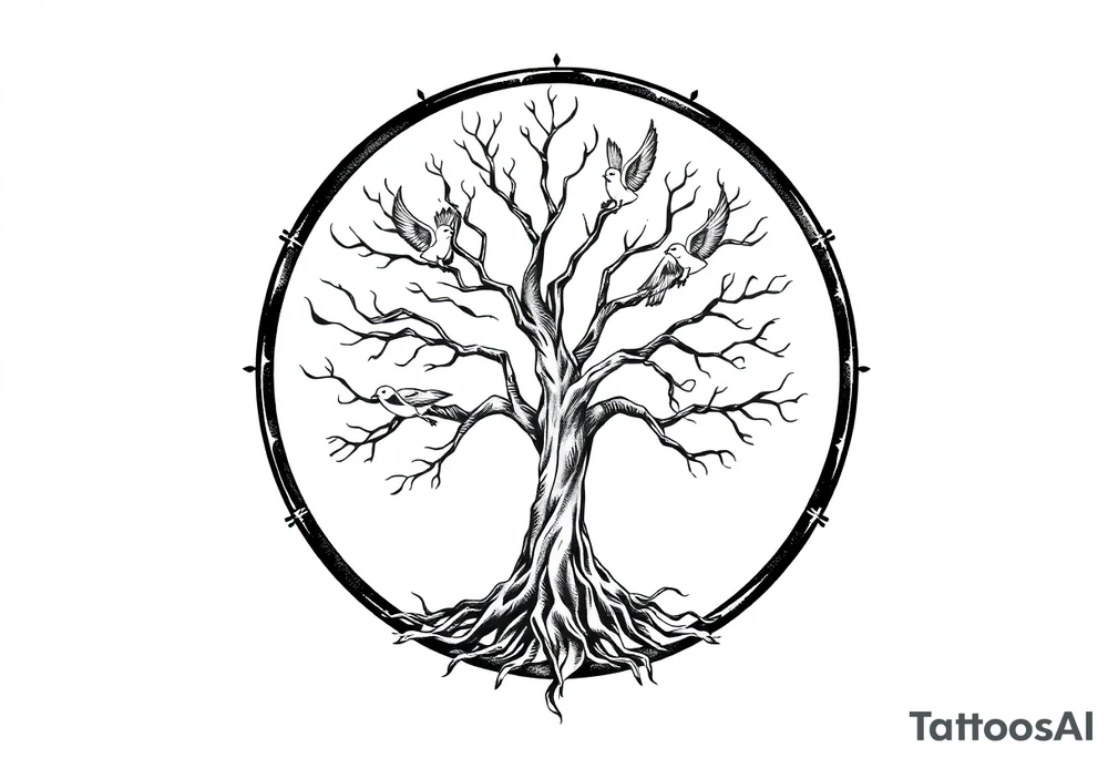 Tree of life in a broken circle with 5 birds flying out tattoo idea