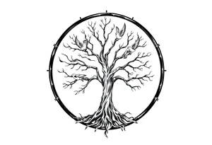 Tree of life in a broken circle with 5 birds flying out tattoo idea