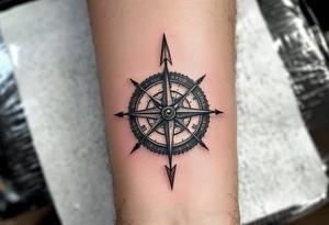 Rustic half compass half clock with a long native American arrow pointing at my wrist with the words “True North” and says "Isaiah 40:31" tattoo idea