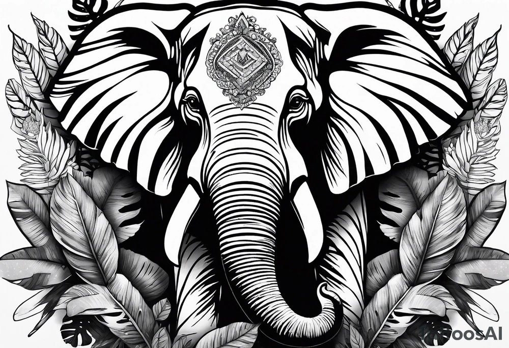 “A majestic elephant with its trunk raised, surrounded by tropical foliage, symbolizing memory and strength tattoo idea