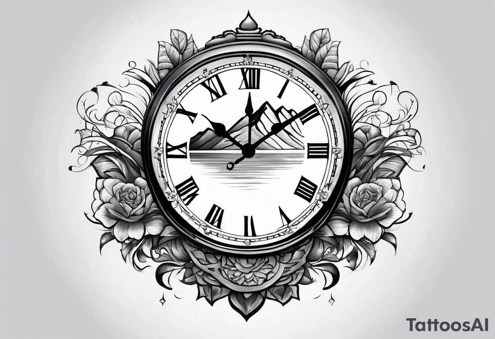 clock with landscape tattoo idea