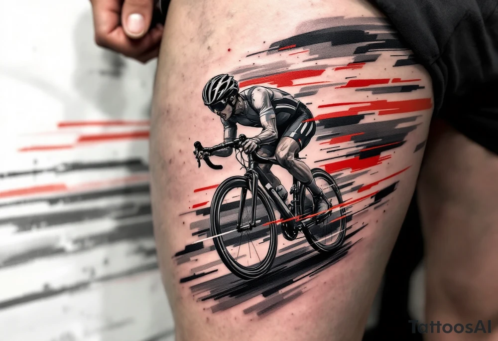 A hyper-realistic cyclist in mid-sprint, with motion blur effects and red and black racing stripes, symbolizing speed and determination. tattoo idea