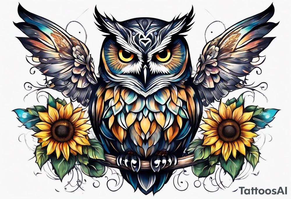 Sleeve with owl, sunflower and butterfly tattoo idea