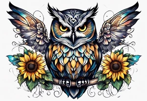 Sleeve with owl, sunflower and butterfly tattoo idea