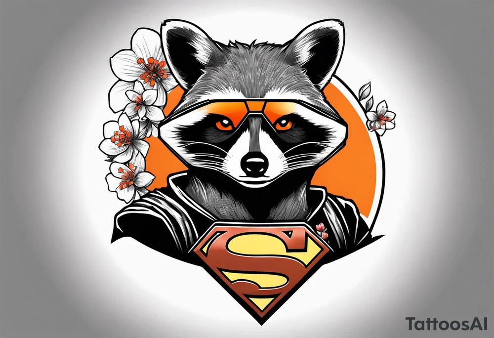 raccoon wearing a black and white Superman hoodie and orange Japanese cherry blossoms tattoo idea