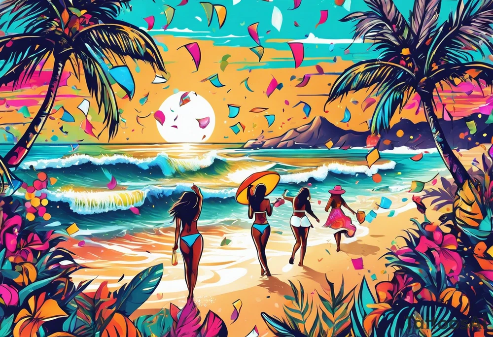SURFING SAFARI BEACH DANCE 
PARTY WITH CONFETTI AND MUSIC NOTES, TROPICAL DRINKS, SEXY BIKINIS tattoo idea