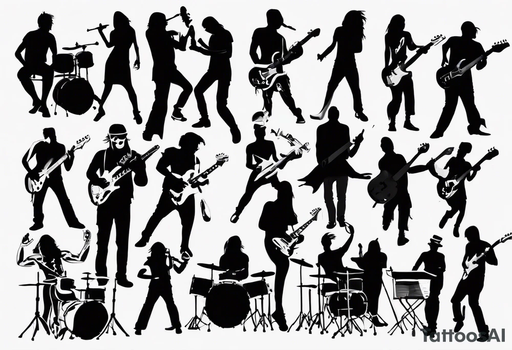 shadows of band members playing instruments. The letters R and J can be found incorporated subliminaly. tattoo idea