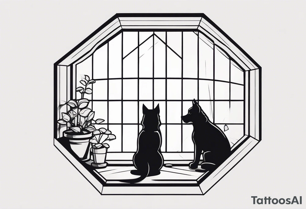 dog and cat sitting on floor and looking out octagonal window together tattoo idea dog and cat sitting on floor and looking out octagonal window together tattoo idea