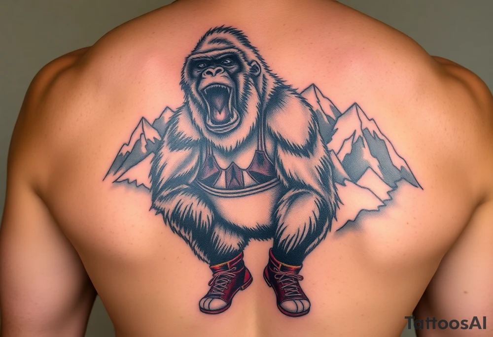 Silverback gorilla wearing amateur wrestling shoes and an singlet for a match as a person would. The surrounding area is mountainous jungle tattoo idea