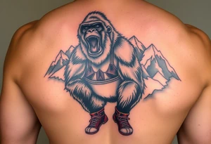 Silverback gorilla wearing amateur wrestling shoes and an singlet for a match as a person would. The surrounding area is mountainous jungle tattoo idea