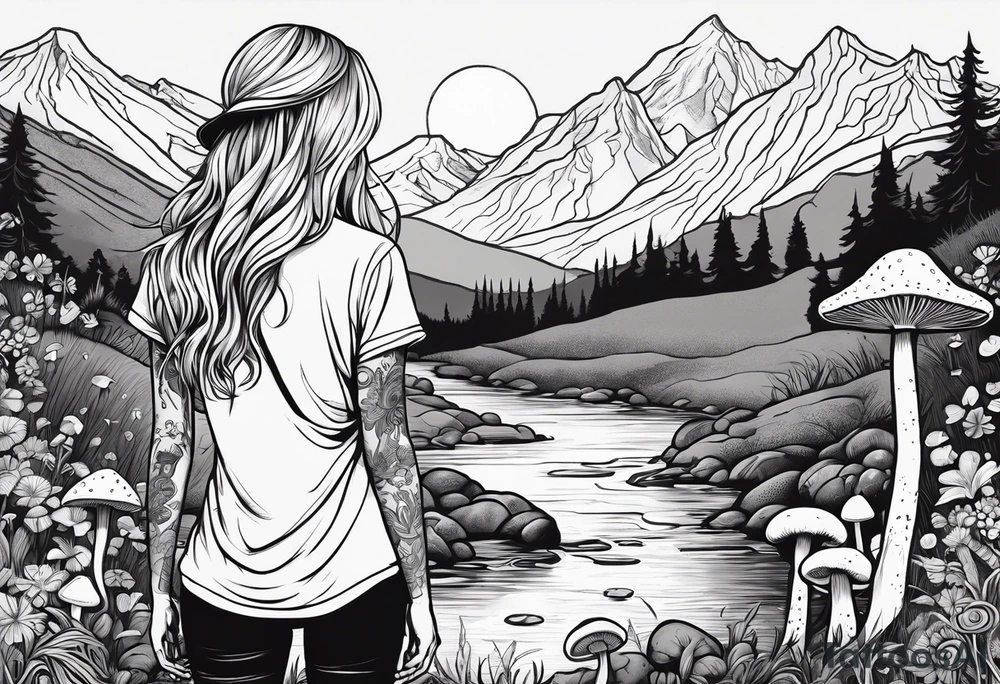 Straight long blonde hair hippie girl in distance holding mushrooms in hand facing away toward mountains and creek surrounded by mushrooms tee shirt and hiking pants tattoo idea