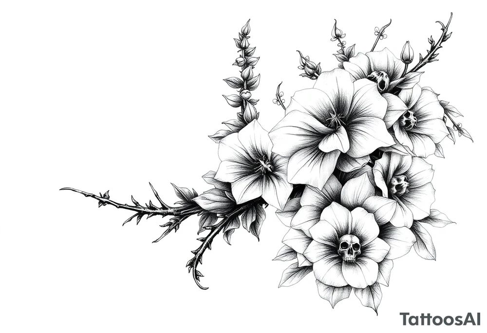 Aconitum flower going up the arm with details gothic style with skulls thorns tribal large more flowers and shading wrapping around tattoo idea
