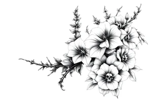 Aconitum flower going up the arm with details gothic style with skulls thorns tribal large more flowers and shading wrapping around tattoo idea