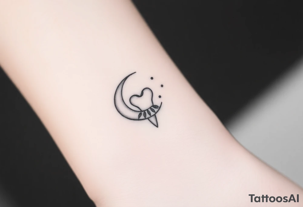 Fine-line molar tooth hanging like a pendant from a crescent moon made of delicate petals, surrounded by three faint sparkling dots, no heavy fill.” tattoo idea