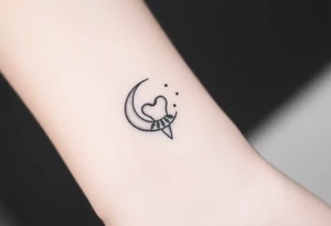 Fine-line molar tooth hanging like a pendant from a crescent moon made of delicate petals, surrounded by three faint sparkling dots, no heavy fill.” tattoo idea