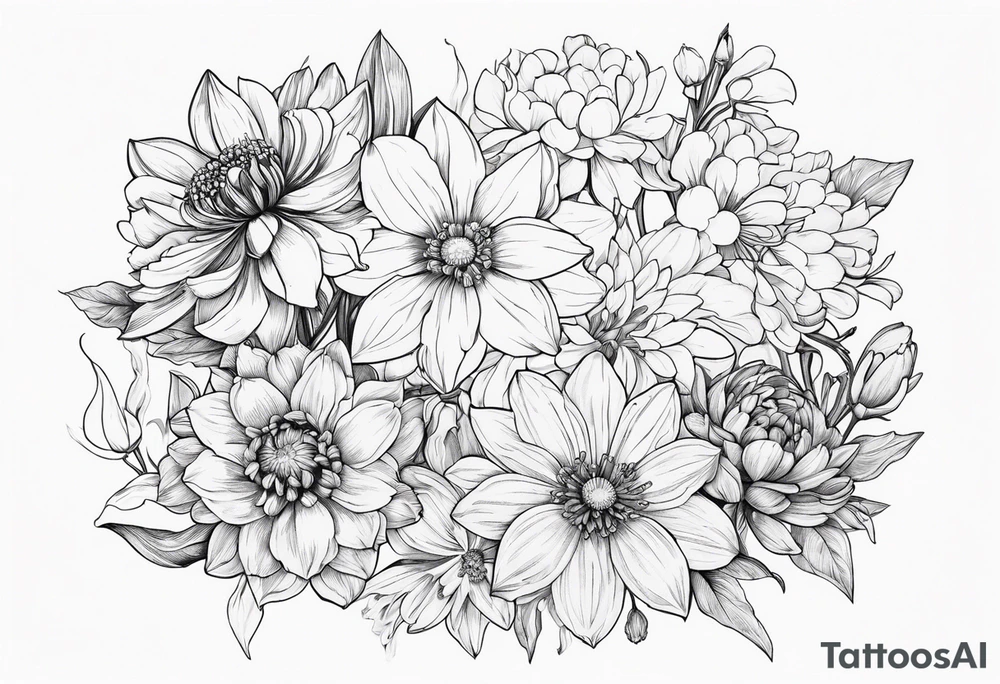 Narcissus, CHRYSANTHEMUM, COSMOS, SNOW DROP flowers in a bouquet tattoo idea