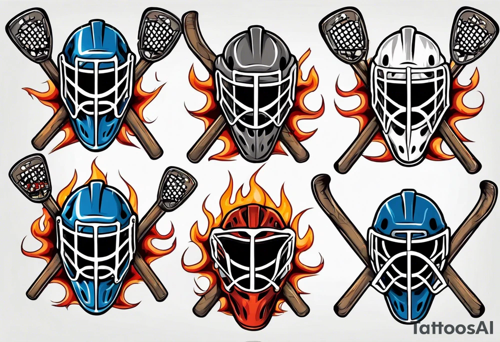 a goalie mask with crossed hockey sticks and flames that says "SHOT HOCKEY" tattoo idea