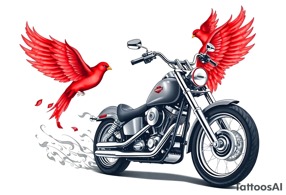 Harley grey motorcycle driving away, two red birds flying, roses, flames, angel wings tattoo idea