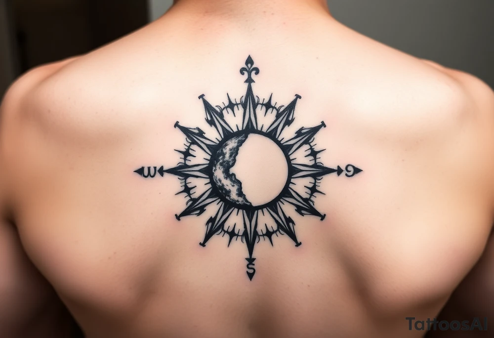 Compass declination marks shaped like a sun with a moon at the center of the image tattoo idea