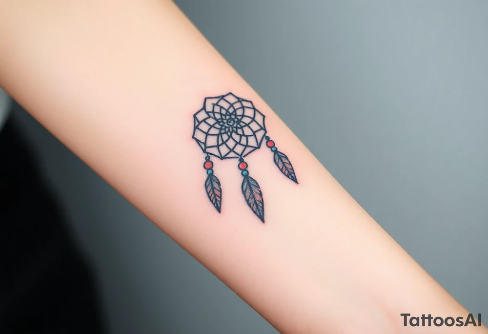 native dreamcatcher with flowing feathers and sacred beads tattoo idea