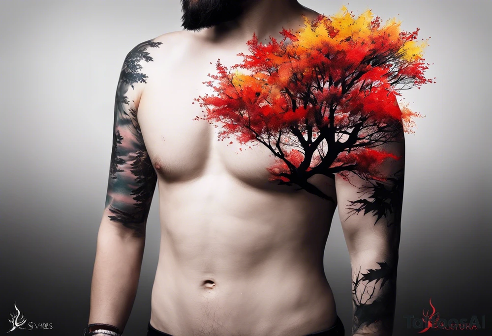 trash polka style. Arm tattoo. chest tattoo. Long tattoo. large tattoo. Full sleeve. Shoulder. A single large maple tree with red autumn leaves that branches upwards from wrist to shoulder. White-throated dipper bird on the trees branches. Calluna flowers at the base of the trees stem. Red/yellow sunset behind the trees stem. Leaves falling. tattoo idea
