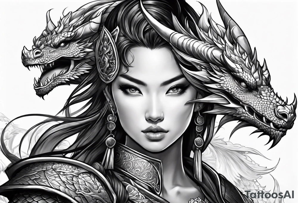 beautiful warrior woman wearing dragon armor and a dragon flying tattoo idea