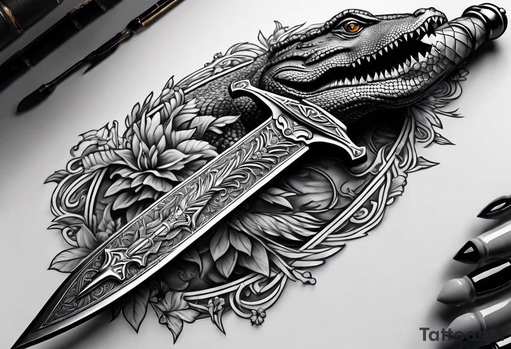 Dagger made out of an alligator with a woman on the blade tattoo idea