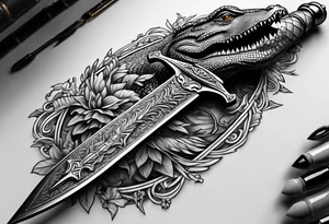 Dagger made out of an alligator with a woman on the blade tattoo idea