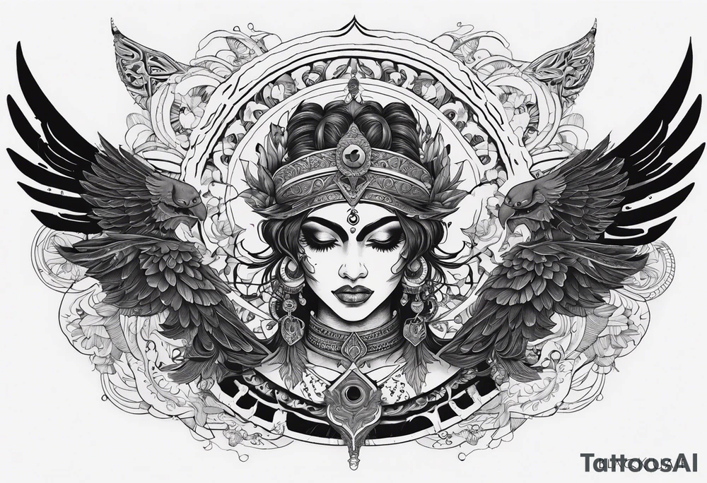 black kali, goddess pirate, alien, angel, pachamama, valkrye, warrior, flying, skull, lotus azul, wing, eagle, zenza resonance, stars, 5D, anahata chakra, death, durga, riding on a tiger, flying lady, chest tatoo tattoo idea