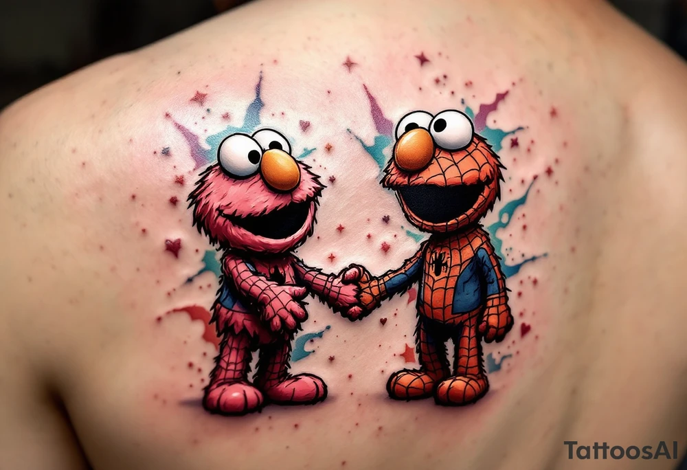 Elmo and spiderman holding hands with a bright colors tattoo idea