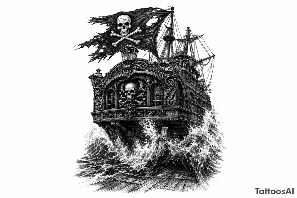 Detailed pirate ship stern, waves crashing over deck, tattered Jolly Roger flag. tattoo idea