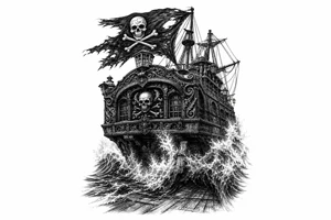 Detailed pirate ship stern, waves crashing over deck, tattered Jolly Roger flag. tattoo idea