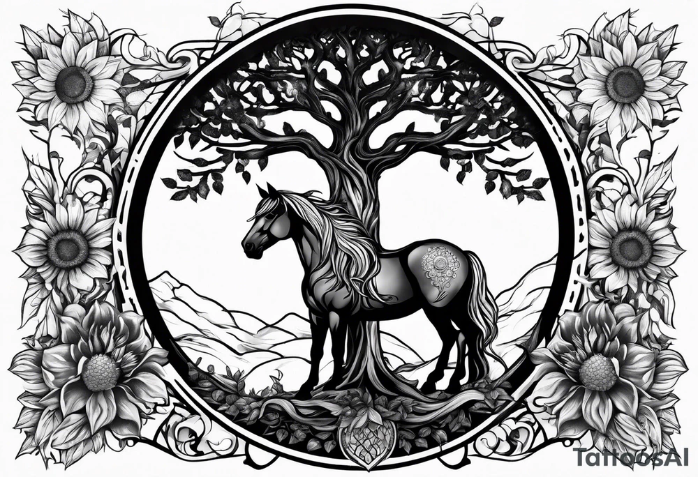 Yggdrasil tree, horse, sunflower tattoo idea