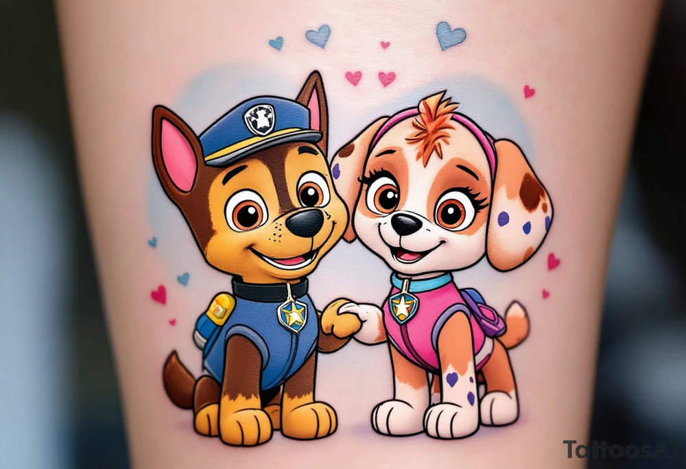 Chase and Skye from Paw Patrol standing side by side, with their paws intertwined in a symbol of teamwork. The background has a light sky blue and soft pink gradient with subtle hearts floating around them. tattoo idea