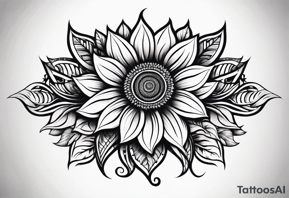 Tribal sunflower leg sleeve tattoo idea