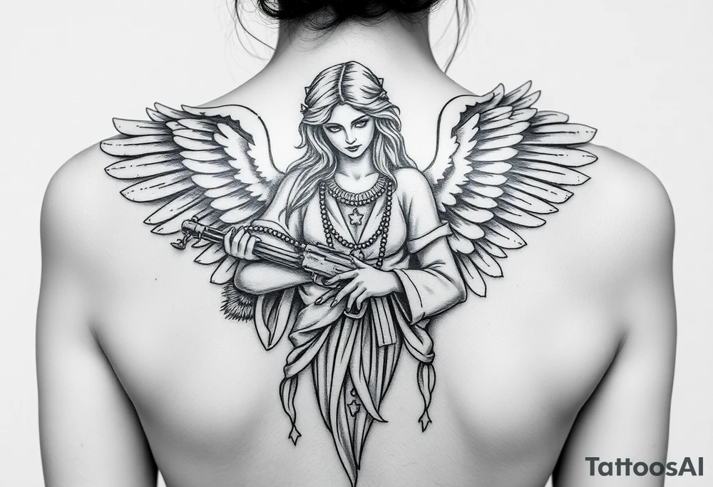 old angel statue in criminal style, tattooed and at the same time contemporary, weapons in hand, gangster-style gold necklaces tattoo idea