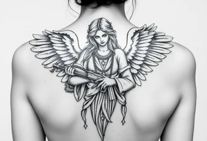 old angel statue in criminal style, tattooed and at the same time contemporary, weapons in hand, gangster-style gold necklaces tattoo idea